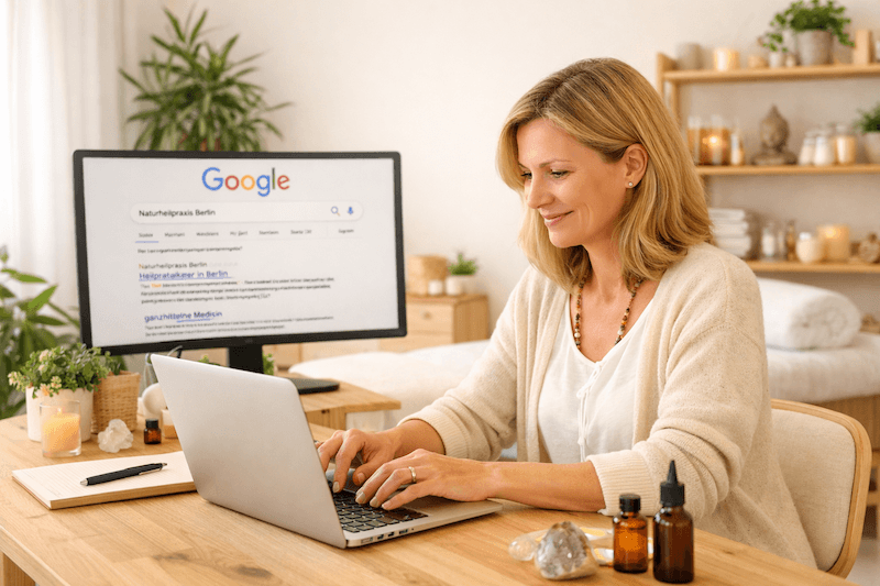 „SEO für Heilpraktiker – Praxis-Website auf Laptop in moderner Naturheilpraxis
